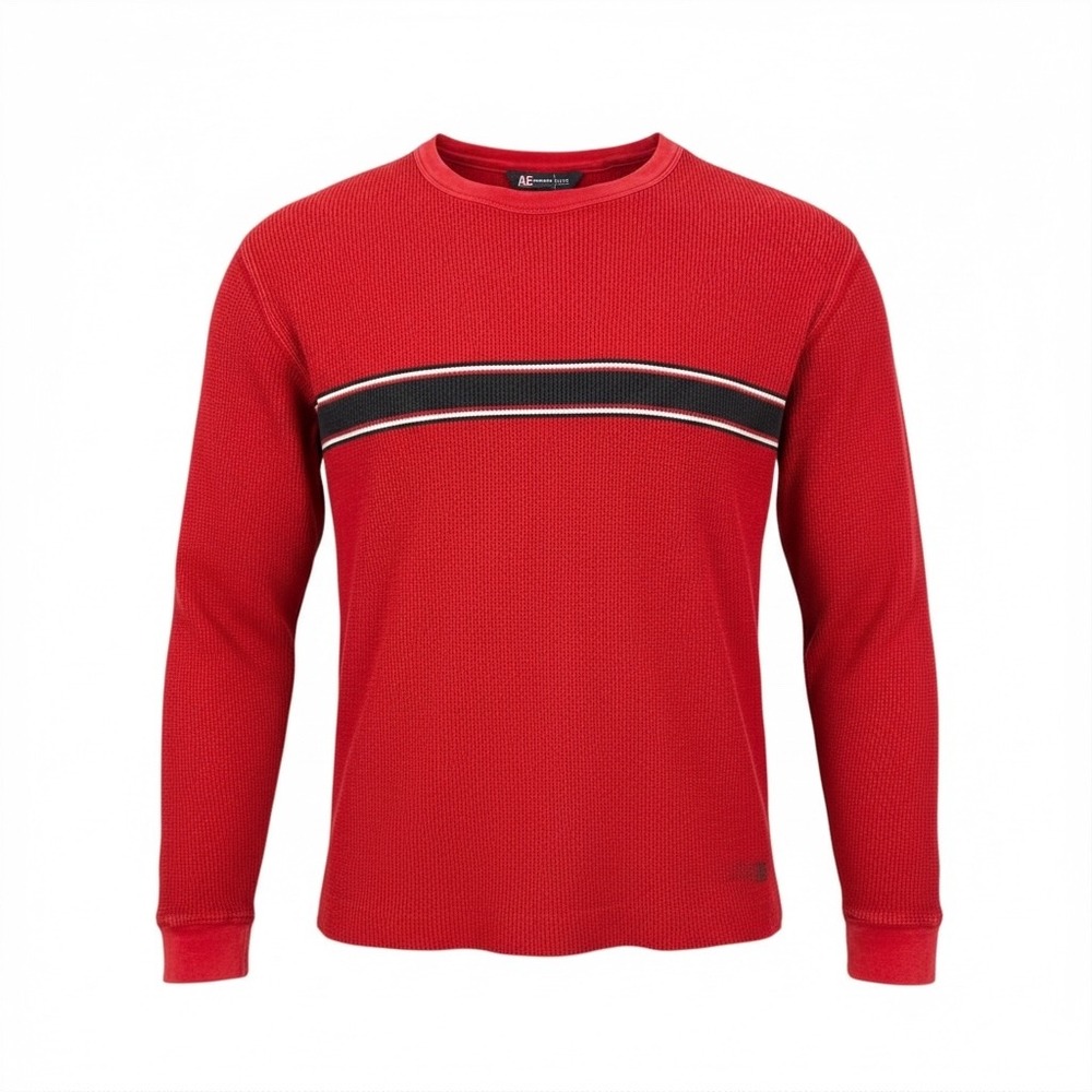 American Eagle Outfitters AE Red Waffle Knit Long Sleeve Thermal Shirt Stripe